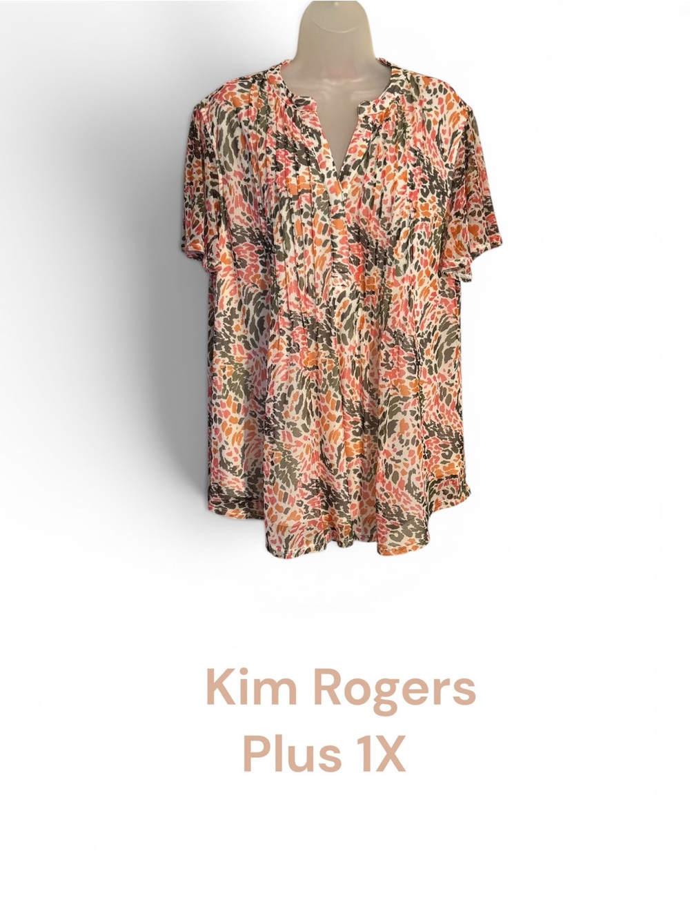 KIM ROGERS   Split-Neck Top in Coral, Pink, Olive & Cream  PLUS: 1X   #10